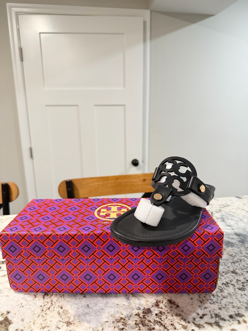 Tory Burch Black Sandal with White Toe Strap